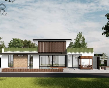 Desain rumah modern luas dengan kolam renang pribadi dan taman hijau terawat.