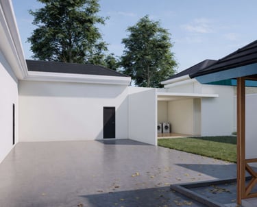 Hunian tropis modern yang menghadirkan suasana hangat, dengan taman depan hijau, fasad kayu alami, d