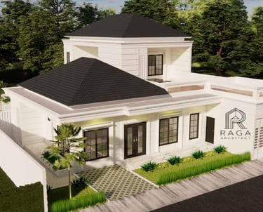 Desain rumah bergaya modern tropis, eksterior karya Raga Architect untuk klien Mr. Rafif, Depok