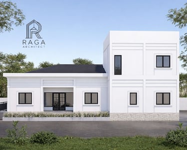 Desain fasad rumah modern 3D milik Mr. Rifansyah di Banjarmasin, berlantai dua dengan nuansa elegan 