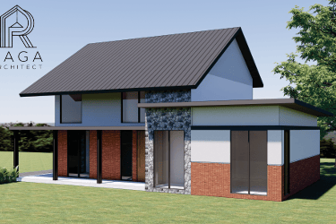 Rumah minimalis dua lantai dengan kombinasi material beton dan kayu, tampak kontemporer