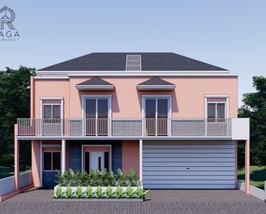 Rumah bergaya kontemporer dengan bentuk atap pelana, jendela besar, dan tampilan elegan