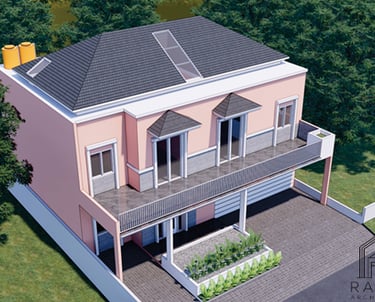 Hunian minimalis modern dengan atap pelana simetris, dinding putih, dan aksen kayu alami