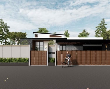 Hunian elegan bergaya kontemporer dengan halaman belakang berkolam renang dan taman asri