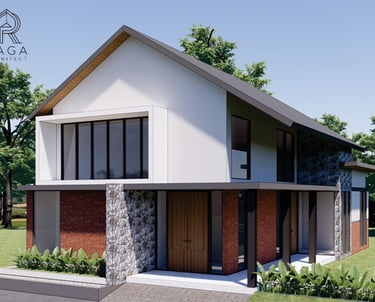 Rumah dua lantai bergaya modern minimalis dengan fasad putih bersih dan jendela kaca besar