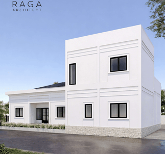 "Desain rumah modern 3D fasad milik Mr. Rifansyah di Banjarmasin, bergaya kontemporer dengan garis t