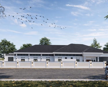 Rumah tropis modern dengan fasad kayu dan batu alam, karya Raga Architect di Lampung