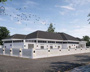 Hunian modern tropis karya Raga Architect untuk klien Mr. Rico di Lampung, menampilkan fasad batu al