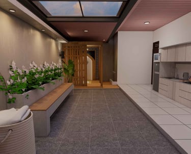 Ruang dapur bergaya open space menyatu dengan area utama, menghadirkan kesan luas dan modern