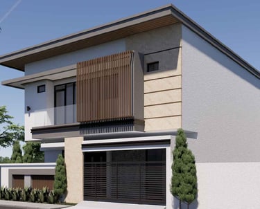 Hunian modern 2 lantai dengan fasad kaca besar, balkon elegan, pencahayaan hangat, dan sentuhan trop