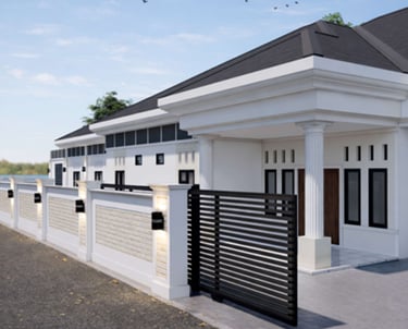 Eksterior rumah tropis modern dengan atap pelana lebar, kombinasi fasad batu alam dan kayu, serta je