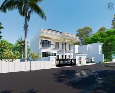 Rumah putih 2 lantai bergaya klasik modern dengan fasad elegan