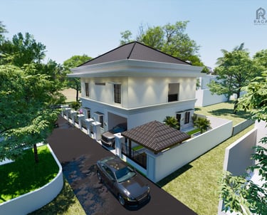 Hunian dua lantai warna putih dengan desain klasik modern