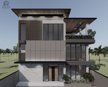 Rumah 3 lantai modern dengan fasad kaca dan atap datar