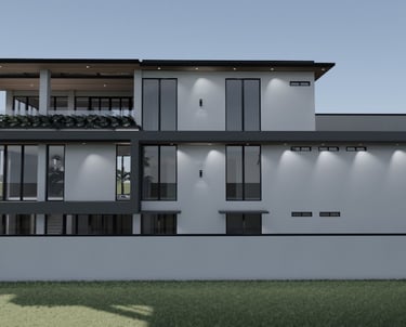 Hunian modern 3 lantai dengan dinding kaca penuh dan atap datar