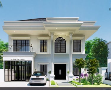 Desain rumah putih dua lantai klasik modern dengan taman depan