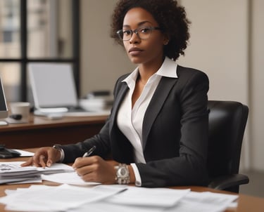 A friendly consultant assisting a family with planning documents at a cozy home office.