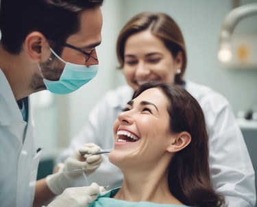 a woman is smiling while a man is sitting in a dentist's chair