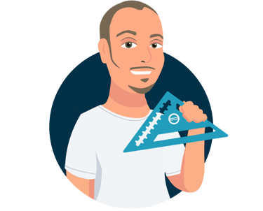 Cartoon graphic image of Cyd holding a square