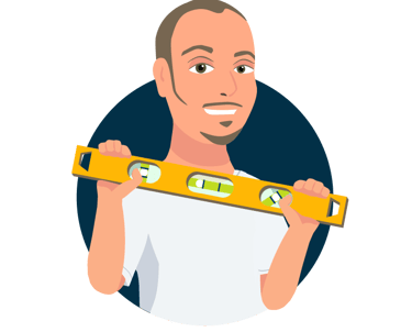 Cartoon graphic image of Cyd holding a level