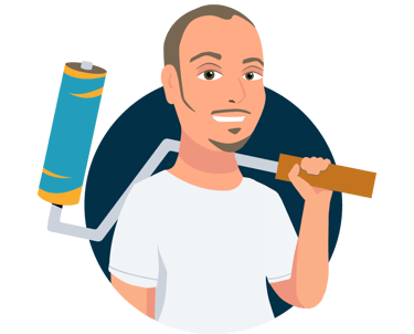 Cartoon graphic image of Cyd holding a paint roller
