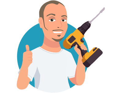 Cartoon graphic image of Cyd holding a drill