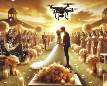 A romantic outdoor wedding ceremony at sunset, with a bride and groom sharing a kiss at the altar.