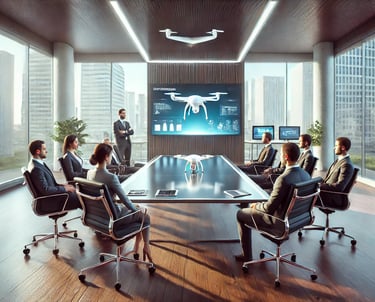 A modern corporate boardroom meeting in a high-rise office surrounded by windows.