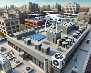 A hyper-realistic drone hovers above the rooftop of a modern commercial building during a sunny day.