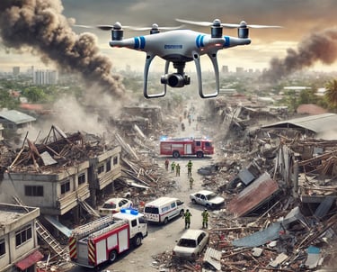 A realistic drone flies over a disaster zone, capturing aerial footage of a devastated urban area.