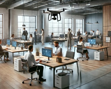 A busy modern open-plan office with professionals working at desks equipped with large monitors.