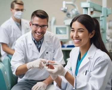 A dental model displaying a set of artificial teeth, with gum-colored material illustrating the mouth structure.