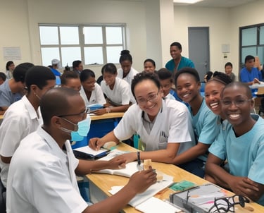 A close-up view of a dental model featuring a full set of artificial teeth with realistic white coloration. The gums exhibit a pink hue, and the teeth are aligned on a display mold against a dark backdrop.