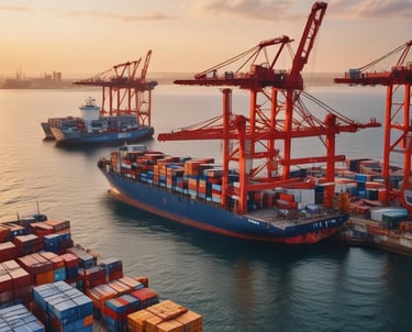 A complex structure of large, colorful water slides intertwined around tall metal supports. The slides are predominantly blue, green, yellow, and red, and are part of a water park station. The ground is covered with lush green grass, and there is an overcast sky in the background.