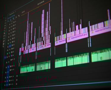 A video editing timeline on video editing software, it incldues many audio and video cuts