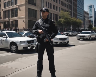 A line of law enforcement officers wearing protective gear and holding transparent shields marked with various titles such as 'Police,' 'Sheriff,' and 'State Patrol.' They are positioned in front of a grand building with detailed architecture, suggesting a tense or prepared atmosphere, possibly related to crowd control or a protest.