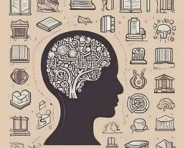 un cranio umano contenente un cervello a forma di albero, attorno al cranio simboli di cultura