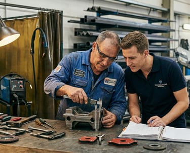 Visita comercial de un vendedor al jefe de taller de una carpintería metálica o taller