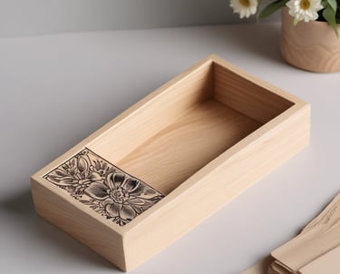 Handcrafted wooden memory box with a custom monogrammed letter M engraved on the front.