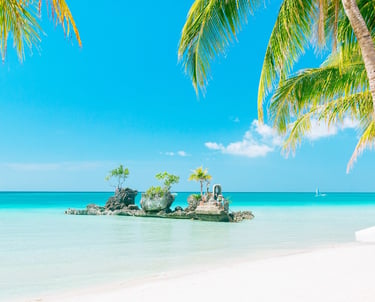 The famous rock formation in Boracay Island with white sand and tall palm trees, with clear blue sky
