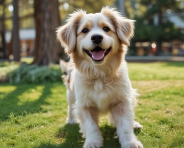 A pet waste station is situated in a park-like environment. The station includes a waste bin with a sign above it requesting visitors to clean up after their pets. The area is surrounded by lush green grass and trees, creating a natural setting.