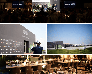 Audi quattro Cup event, featuring a panel discussion, branding displays outdoor venue setup, and el