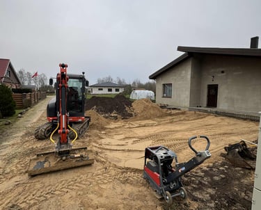 ivaziavimo irengimas, grunto sutankinimas, smelio tankinimas, skalda