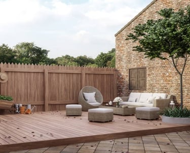 a patio with a wooden decking area and a wooden deck