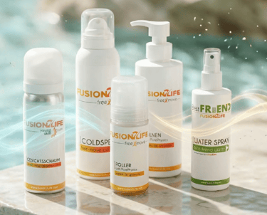 Fusion2Life  product lineup including face foam, cold spray, and roller bottles on a poolside ledge.