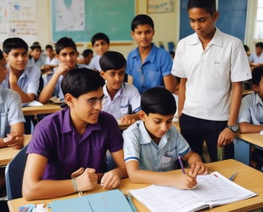 A teacher standing in front of a classroom with a group of special needs students doing class work.