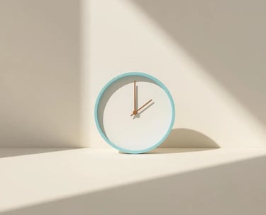 Reloj circular turquesa marcando dos minutos sobre mesa beige; idea de calma rápida.