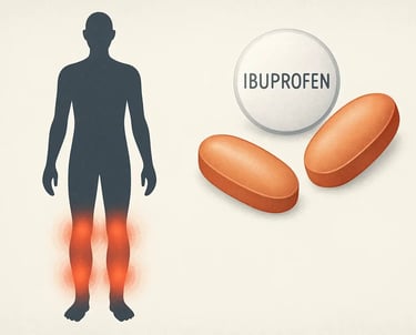 Human silhouette with highlighted swelling in legs and feet next to ibuprofen pills