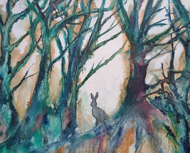 a mixed media painting of a rabbit in a woodland.