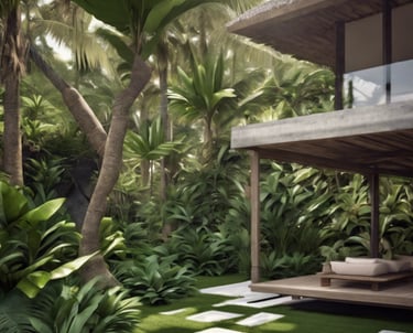 A small landscaped garden with neatly arranged stepping stones on a lush green lawn. Tall palm trees are scattered, providing shade and adding a tropical feel. The area is enclosed with black iron railings and a beige wall. In the background, distant hills are visible against a partly cloudy sky.